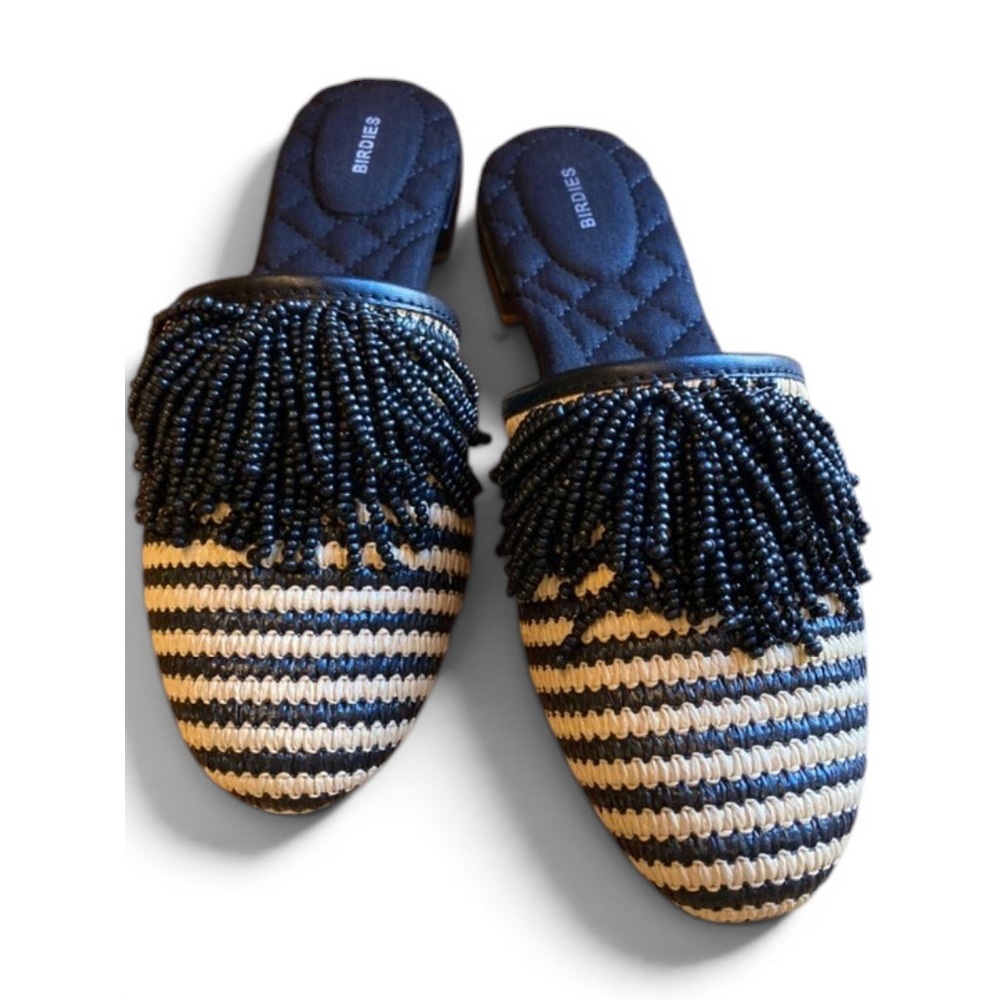 Birdies Sandal The Songbird Black Stripe Raffia Size 6 Tassel Slip-on Aztec NIB